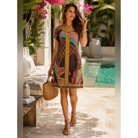 ECI Dresses & Skirts - ECI NEW YORK Short Sleeve Boho Printed Sheath Dress Stretch Party Vacation 6